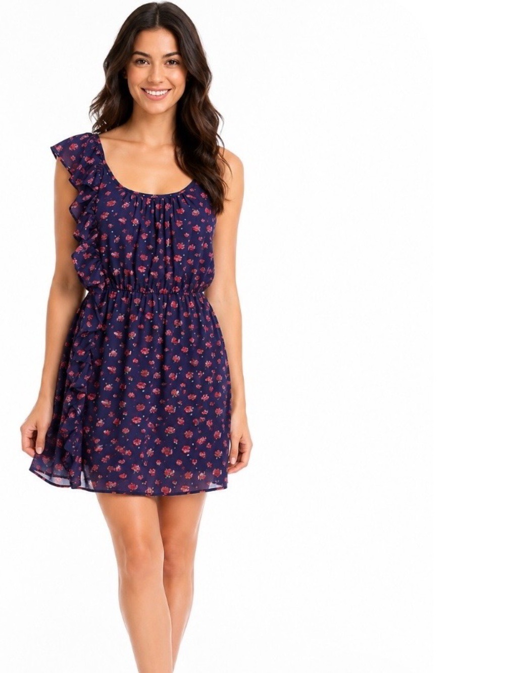 Deb Navy Blue Ruffle Dress with Red and Pink Flowers